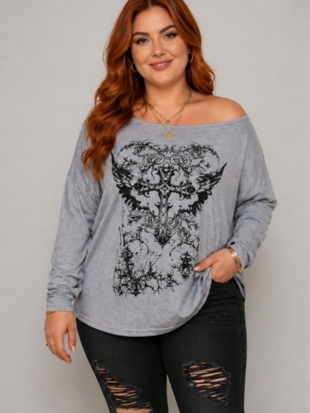 Boutique | Graphic Off-Shoulder Top | XXL | Edgy Chic Statement Piece